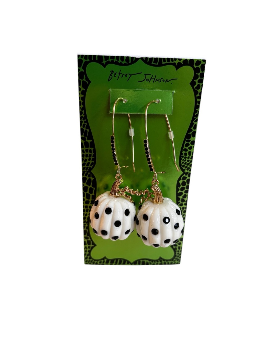 Betsey Johnson White Pumpkin Polka Dot Dangle Earrings.